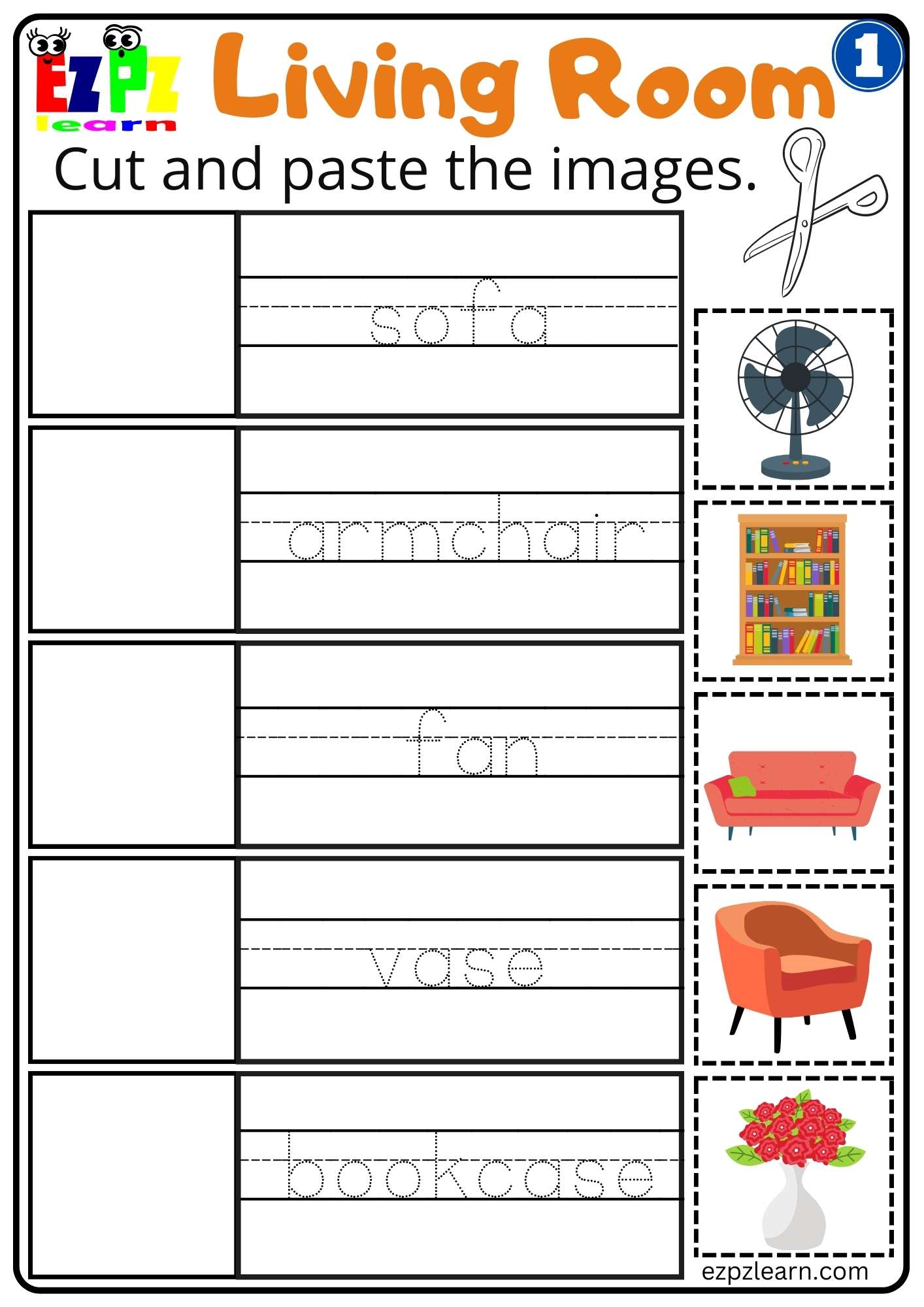 G1 Living Room Cut and Paste Worksheet for Parents and Teachers Free PDF Download